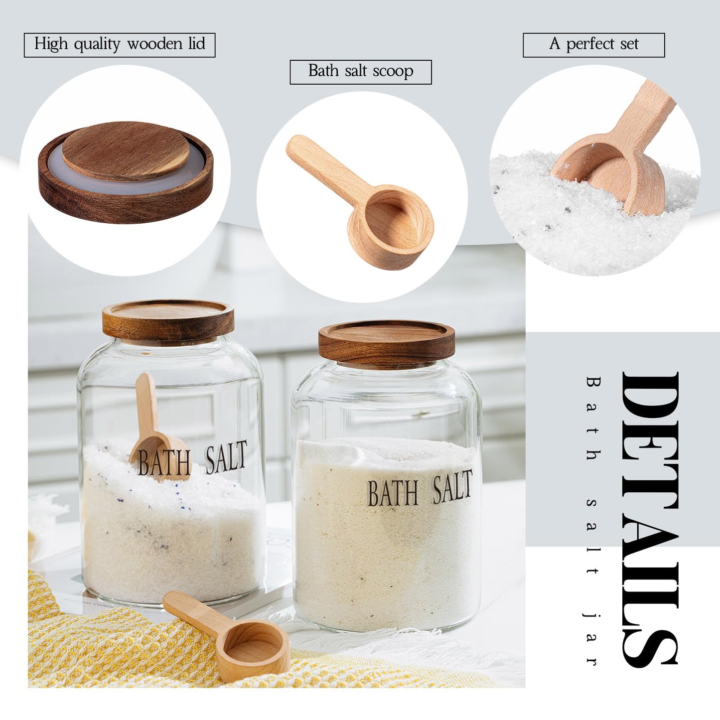SiliFine 2 Sets 74 oz Glass Bath Salts Jar with Wooden Scoop and Lid, Bath Salt Container for Bathroom Organizers and Storage, Bathtub Accessories for Women Bathroom, Home Decor