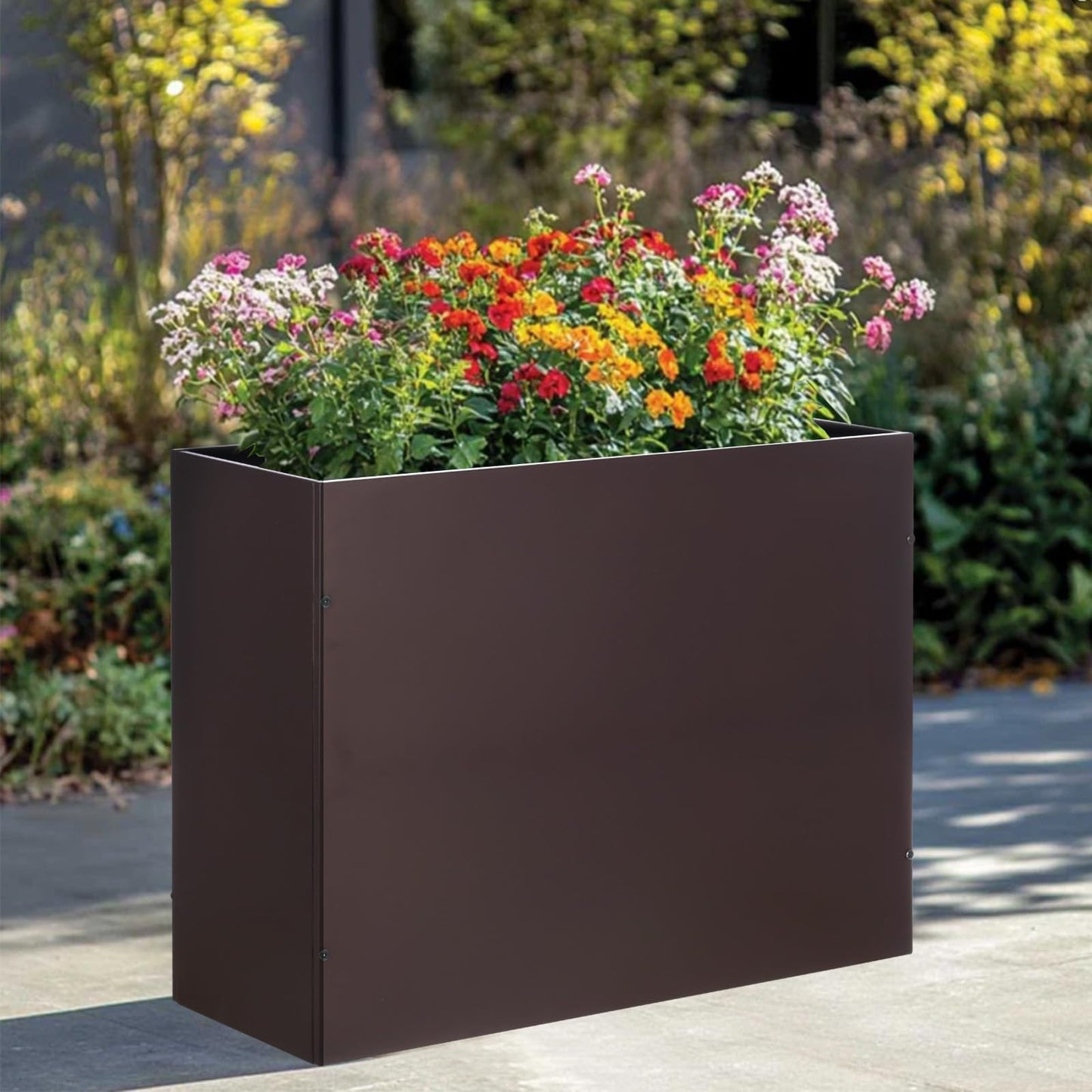 BAYN Metal Rectangular Planter Box Tall Planters for Outdoor Plants Modern Heavy Duty with Drainage Holes for Outside Indoor Patio Deck - Brown, 32”x 12”x 24”