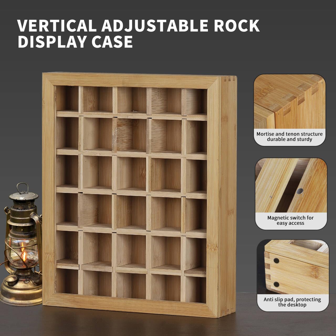 AUTOARK Adjustable Rock Display Case,Bamboo Crystal Organizer for Stones Storage,Suitable for Displaying and Storing Various,AHK-054