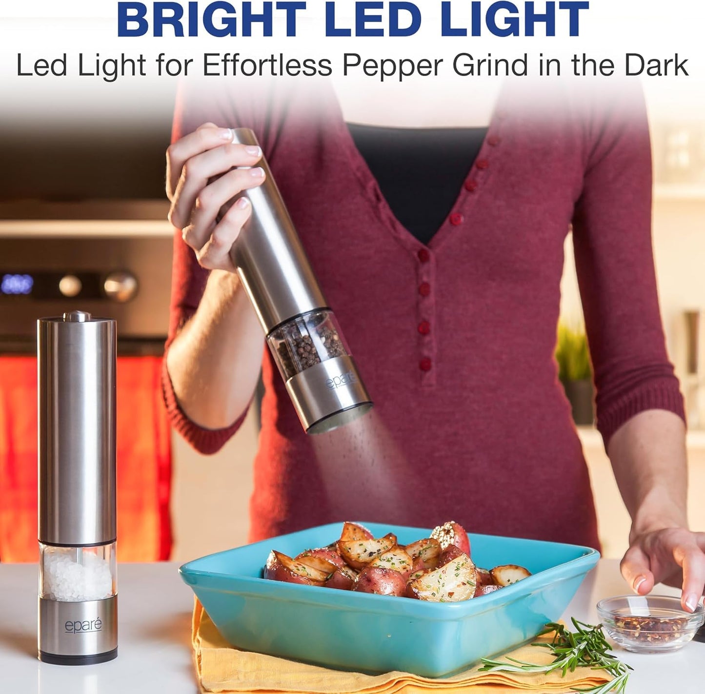 Eparé Salt or Pepper Grinder Mill Electric – Battery Operated Stainless Steel Mill with LED Light, Adjustable Ceramic Core, and One-Hand Push Button for Effortless Seasoning and Cooking