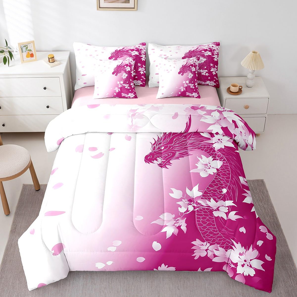 Erosebridal Pink Fantasy Dragon Bed in A Bag Pink White Gradient Princess Bedding Set for Kids Girls Teen Women,Magical Wildlife Animal King Comforter Set 7 Piece Dreamy Cherry Blossom Bed Set