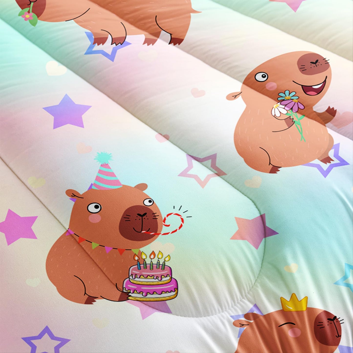 AILONEN Kawaii Capybara Comforter Set Queen Size,Cute Cartoon Capybara Rainbow Bedding Set for Girls Kids,Lovely Animal Star Quilt & 2 Pillowcases-3 Pieces