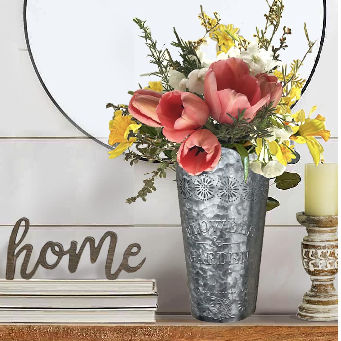 Lily's Home Set of 2 Rustic Farmhouse Galvanized Metal Wall Planters, with Floral Accents for Indoor or Outdoor Artificial Greenery. Rustic Hanging Flower Holders Wall Decor