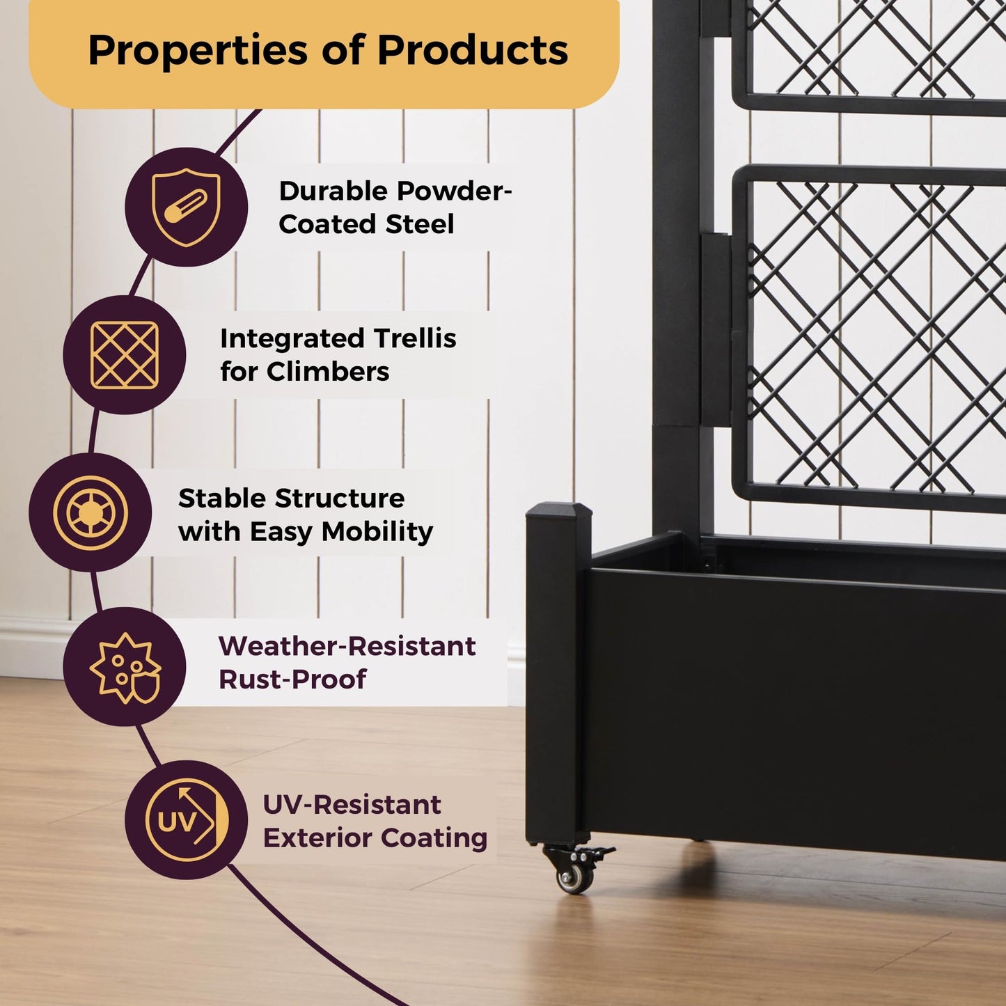 Foresland Metal Raised Garden Bed with Trellis, 50Hx38Wx14D Inch Compact Planter Box for Climbing Plants, Patio Balcony Garden, Privacy Screen with Wheels and Drainage Holes, Black