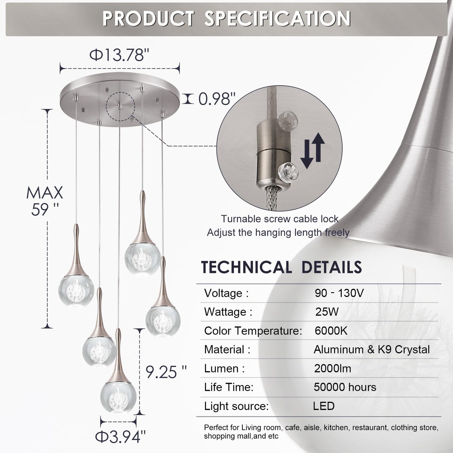 5 Lights Crystal Pendant Light, Brushed Nickel 25W Dimmable LED Teardrop Cluster Pendant Lighting Fixture for Dining Room Over Kitchen Island Bathroom Room Foyer Hallway Bedroom 6000k Cold White