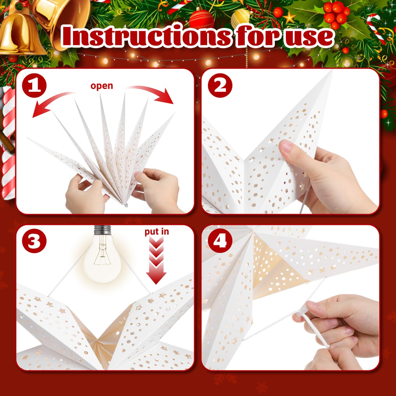 VICASKY 3-Pack Paper Star Lantern Lampshades White Seven-Pointed Star Design Easy Install Christmas Hanging Pendant Decor