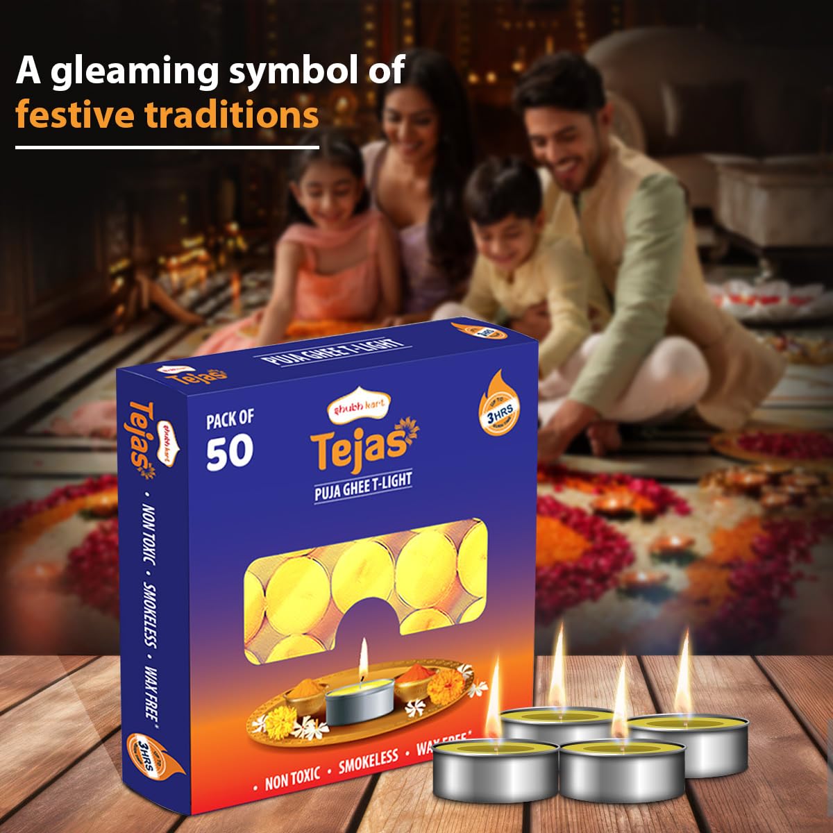 Shubhkart Tejas Premium Ghee T-Light Candle Set of 50 Wax-Free Smokeless Tealights for Prayer Rooms, Meditation, Home, Festive Events, Weddings & Gifting with Bright Long-Lasting 3-Hour Pure Flame