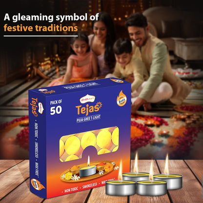 Shubhkart Tejas Premium Ghee T-Light Candle Set of 50 Wax-Free Smokeless Tealights for Prayer Rooms, Meditation, Home, Festive Events, Weddings & Gifting with Bright Long-Lasting 3-Hour Pure Flame