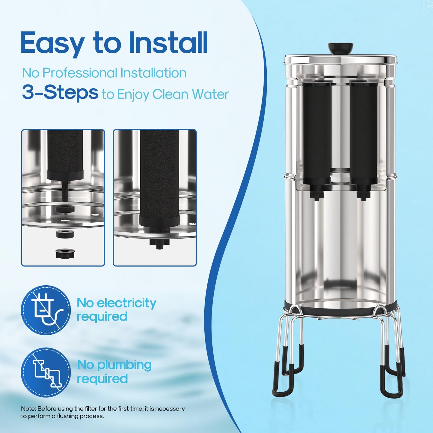 ICEPURE 2.25G Gravity-fed Water Filter System with Sight Glass Spigot, 304 Stainless Steel Countertop System, 2 Black Carbon Filters and Stand, Reduce 99% Chlorine, Lead for Home, Camping, Emergencies