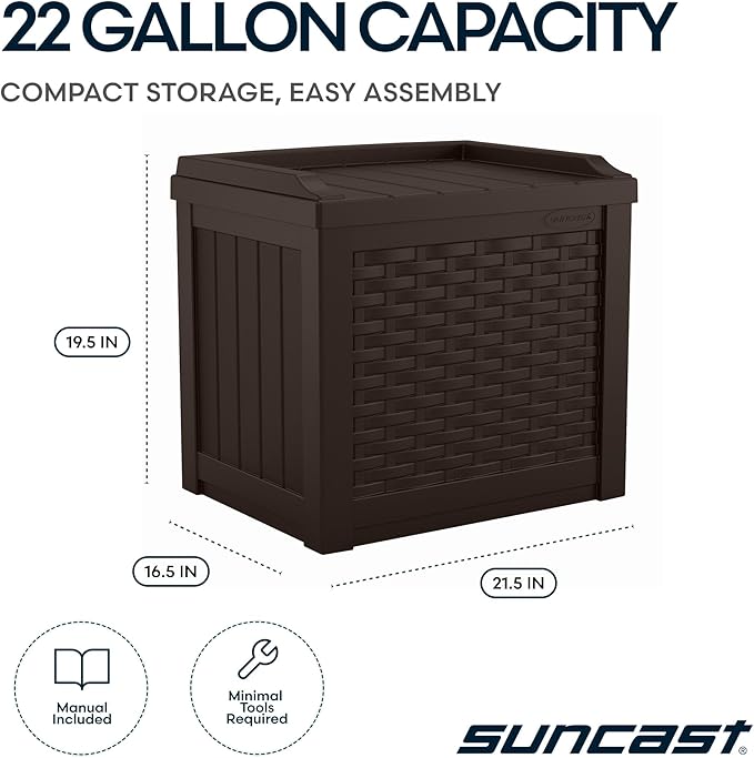Suncast Outdoor Deck Box - 22 Gallon Java Resin Outdoor Storage Box, Weatherproof Patio Storage Bin Container for Seating & Organizing Cushions, Tools & Towels for Pool, Yard, & Garden
