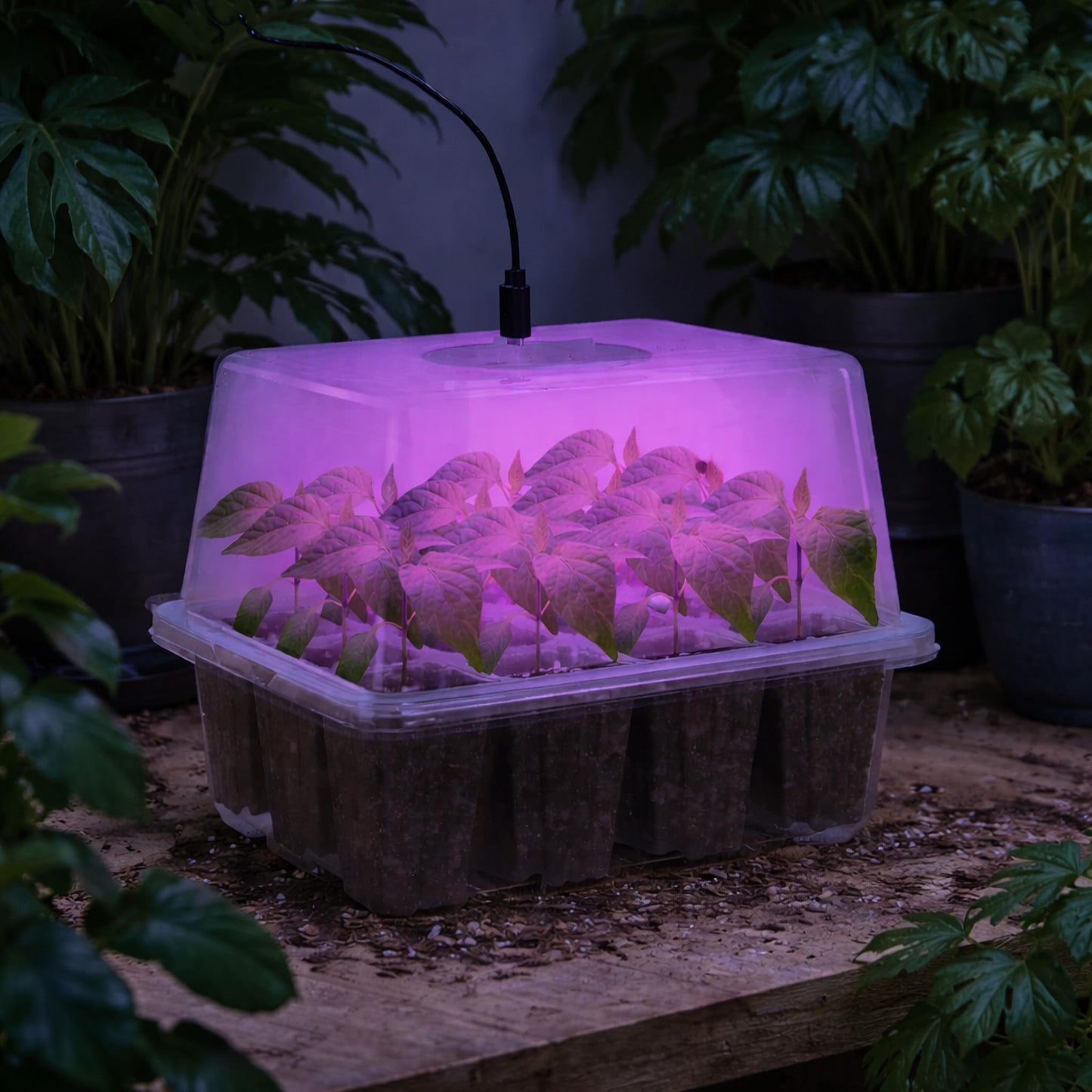 Bonviee 5 Packs Seed Starter Tray with Grow Light, Elevated Seedling Starter Trays Kits with Adjustable Humidity Domes and Clear Cell Tray, 12 Full Spectrum led lamp Beads for Plants Indoor-Clear