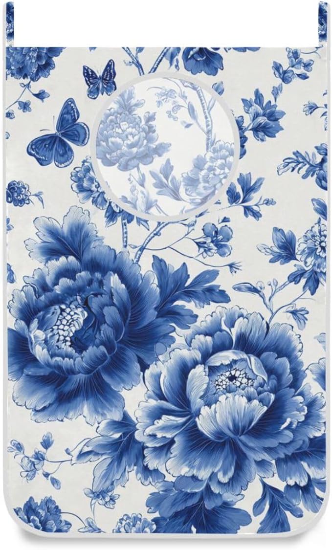 Blue and White Peony Flowers Butterfly Hanging Laundry Hamper Door Hampers Bag