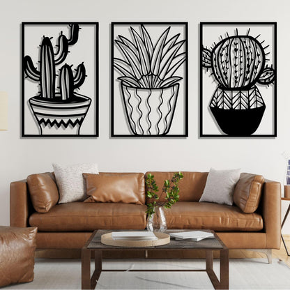Metal Cactus Wall Decor, 3 Pcs Cactus Wall Art, Southwest Desert Wall Art, Large Plant Wall Decor, Natural Themed Metal Wall Hanging, Wall Art for Living Room, Yard, Outdoor (Black, 53"x105" | 134x270cm, metal wall art)