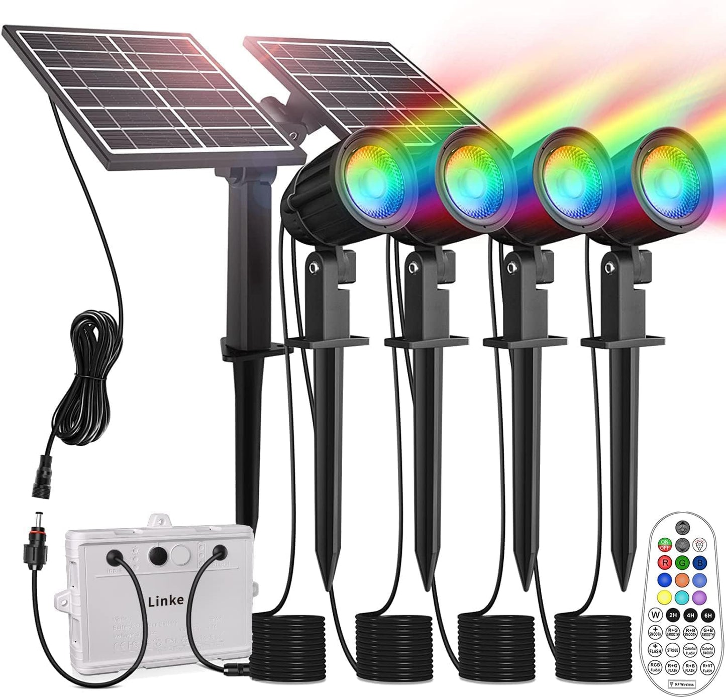 Linke Solar Spot Lights Outdoor Garden, 4 in 1 Colour Changing Led RGB Solar Powered Spotlights IP66 Spike Lights Remote Control Dusk to Dawn Landscape Spotlight for Yard Patio Lawn