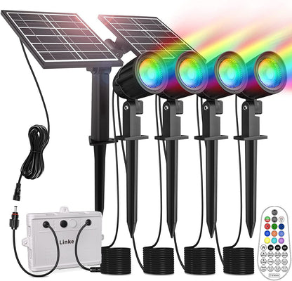 Linke Solar Spot Lights Outdoor Garden, 4 in 1 Colour Changing Led RGB Solar Powered Spotlights IP66 Spike Lights Remote Control Dusk to Dawn Landscape Spotlight for Yard Patio Lawn