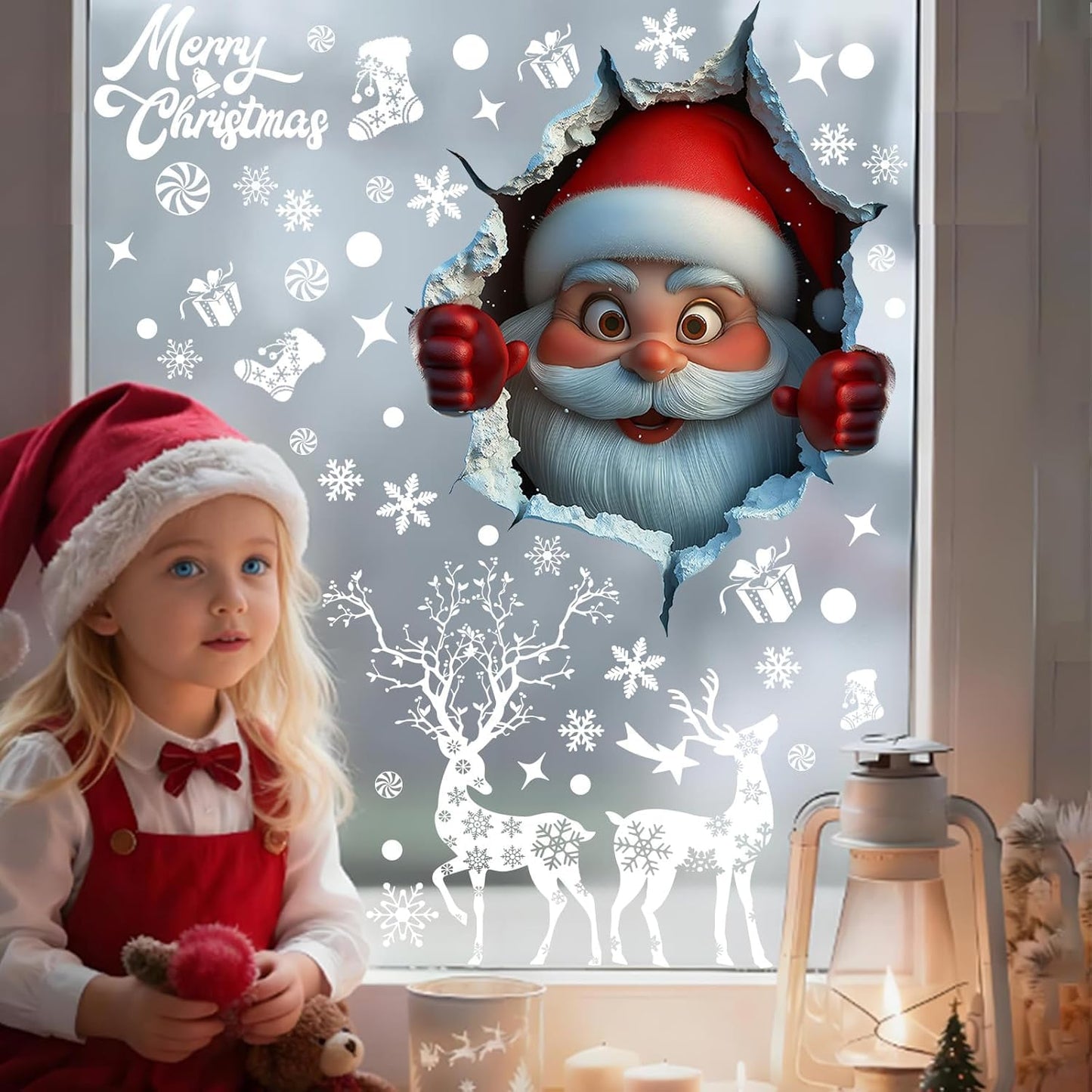 Christmas Window Clings Double Sided 3D Santa Claus Window Stickers Christmas Decorations Removable Reindeer Snowflake Vinyl Decals for Glass Windows, Home, Shop, Office, Holiday Party Xmas Decor