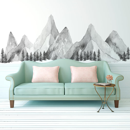 Large Mountain Wall Decals, Gray Pine Tree Peel and Stick Vinyl Wall Stickers & Murals, Removable Home Room Wall Decor for Bedroom Living Room Bedroom Classroom Office Nursery