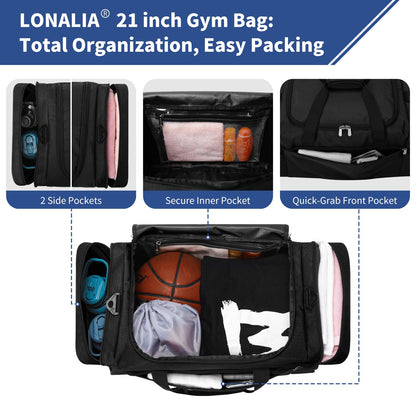 LONALIA 45L Sport Duffle Bag for Men - 21 inch Duffle Bag with Shoe Pouch and Wet Pocket for Travel, Workout, Fitness, Training (Black)