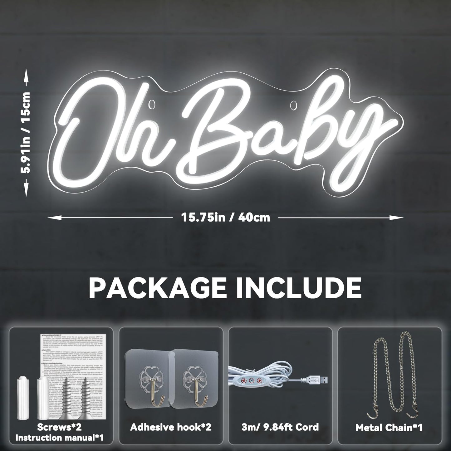 Oh Baby Neon Sign for Backdrop Wall Decor, Dimmable LED Neon Light for Baby Shower, Gender Reveal, Birthday Party Decorations, White