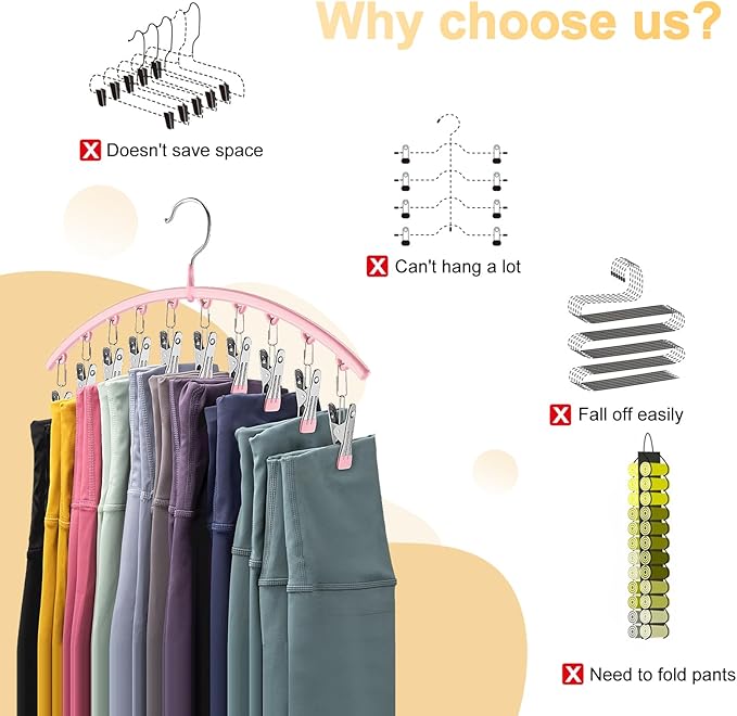 Legging Organizer for Closet, Metal Yoga Pants Hangers 4 Pack w/10 Clips Holds