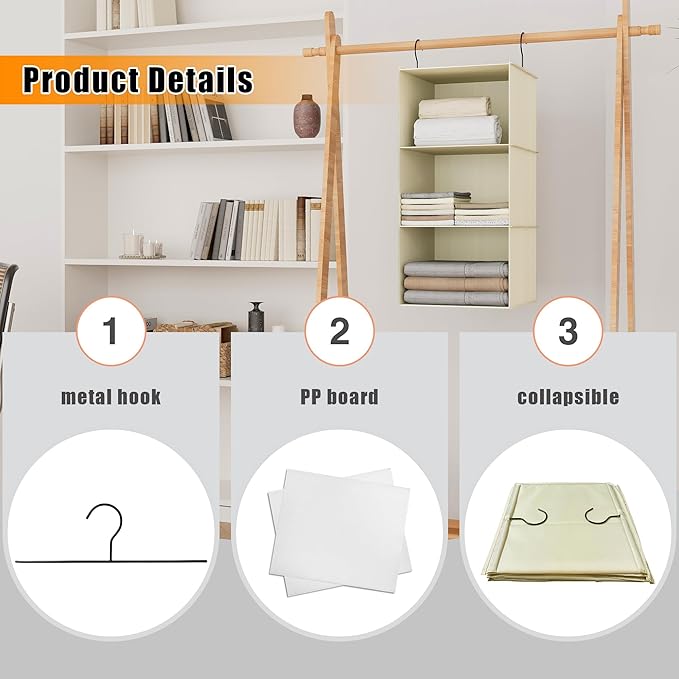 Hanging Closet Organizer and Storage 3-Shelf, Easy Mount Foldable Hanging
