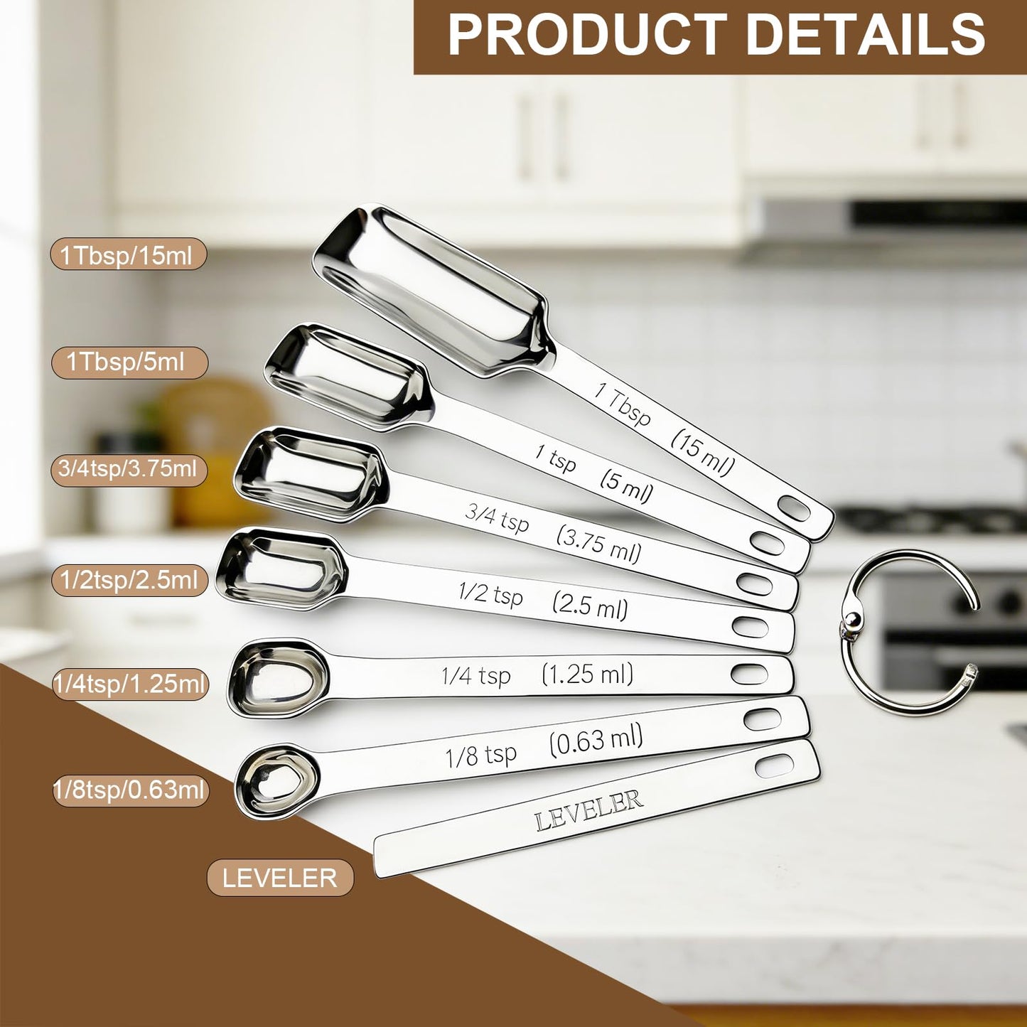 WAHMLA Stainless Steel Measuring Spoons Set of 7 with Leveler, Long Handle Rectangular Metal Teaspoon Tablespoon for Measuring Kitchen Spice, Dry & Liquid Ingredients