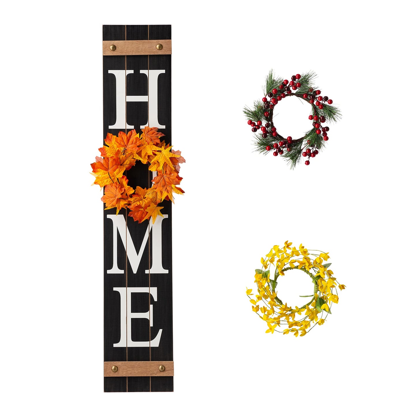 Glitzhome 42" Wooden Welcome Home Porch Sign with Interchangeable Wreaths for Front Door Vertical Farmhouse Standing Home Sign Hanging Wall Sign for Year Spring Fall Thanksgiving Christmas