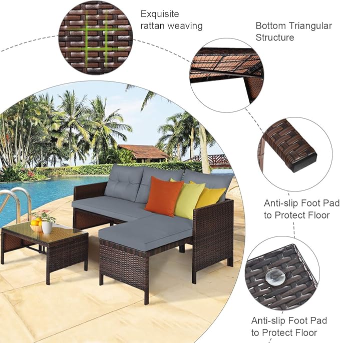 Tangkula Patio Corner Sofa Set 3 Piece, Outdoor Rattan Sofa Set, Includes