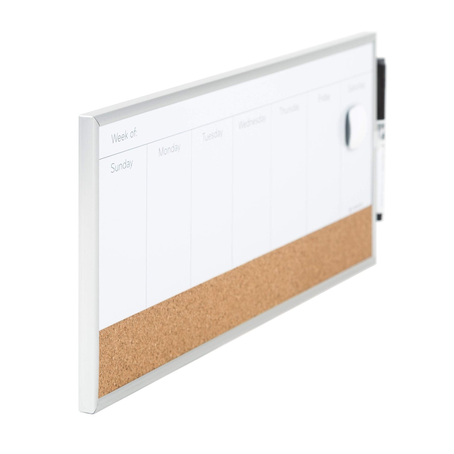 U Brands Magnetic Dry Erase Weekly Calendar Board With Cork Strip, 18"x7.5", Silver Aluminum Frame, Includes Magnet, Marker