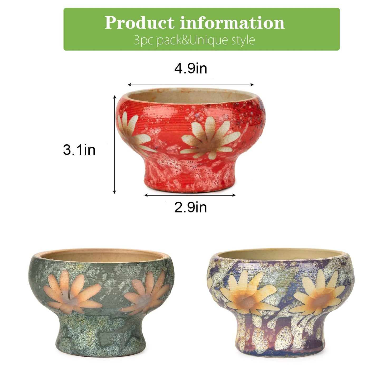 Sungmor Small Succulent Planters Set of 3, Beautiful Hand Crafted Ceramic Plant Pots Cute Cactus Pot, 4.9 Inch Flower Pots for Indoor Plants with Drainage, Desktop Windowsill Home Office Decor Pots