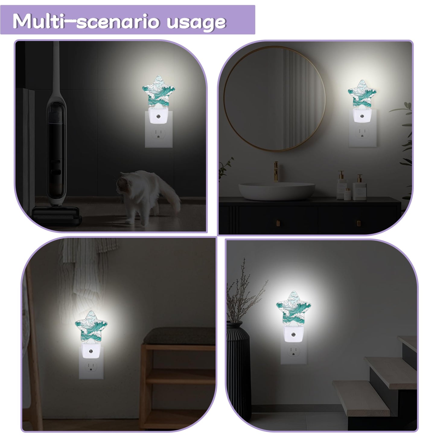 Japanese Wave Art Decorative Nightlight Plug in Wall,Classic Ocean Star Shaped Night Light with Built in Sensor for Home Decor,Kitchen Hallway Stairs Desk Lamp
