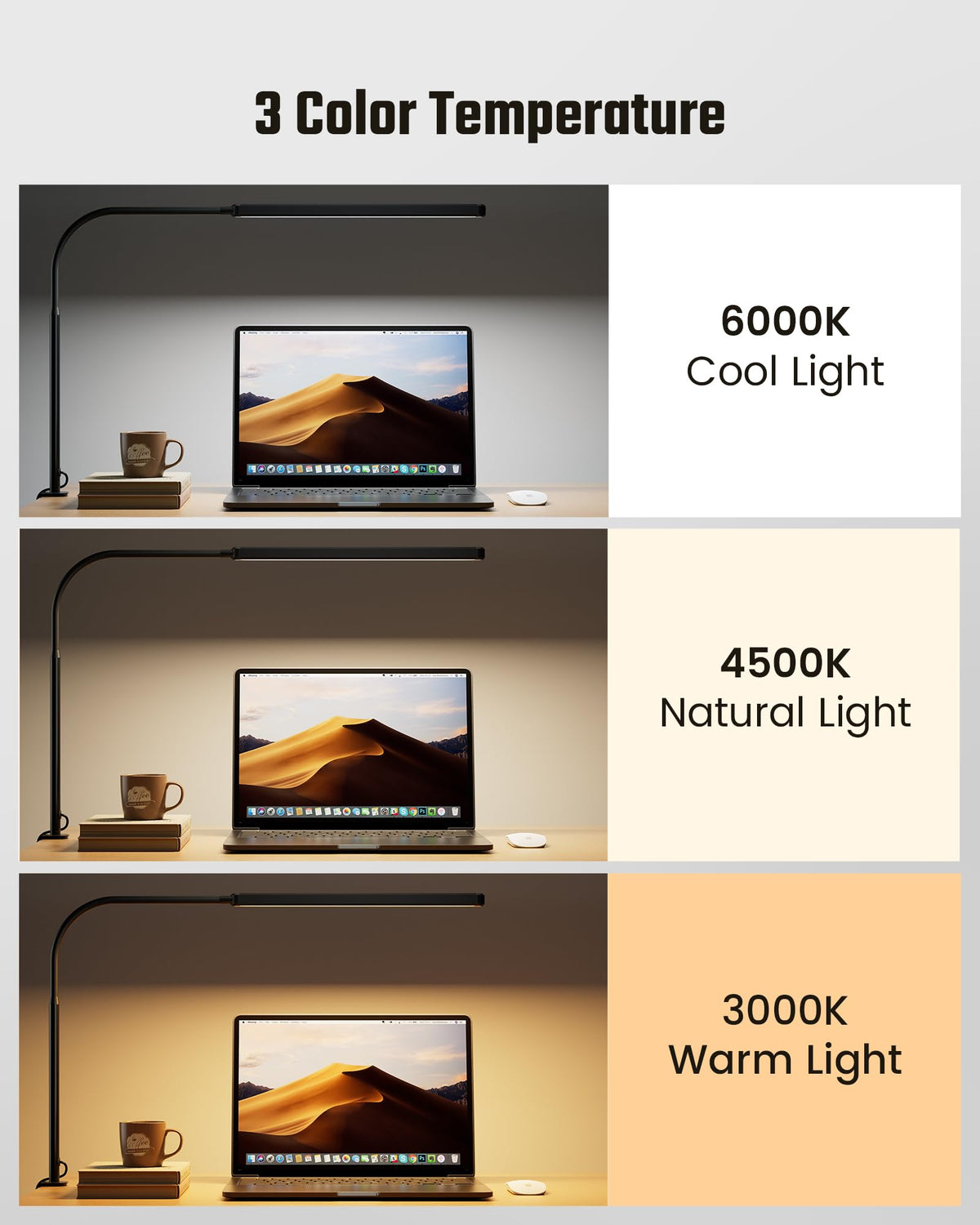 SUPERDANNY Eye-Caring LED Desk Lamp 360° Flexible Gooseneck Work Lamp with Desk Side Clamp Touch Control 3 Light Colors Smooth Dimming Task Lighting Reading Light for Home Office College Dorm, Black