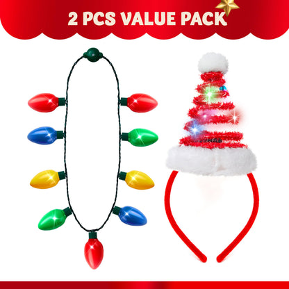 JOYIN 2 Pcs Christmas Lighted Necklace and Santa Hat Headband, Christmas LED Necklace with 9 Bulbs and Xmas Headwear for Holiday Perties Xmas Costume Accessories Party Favors
