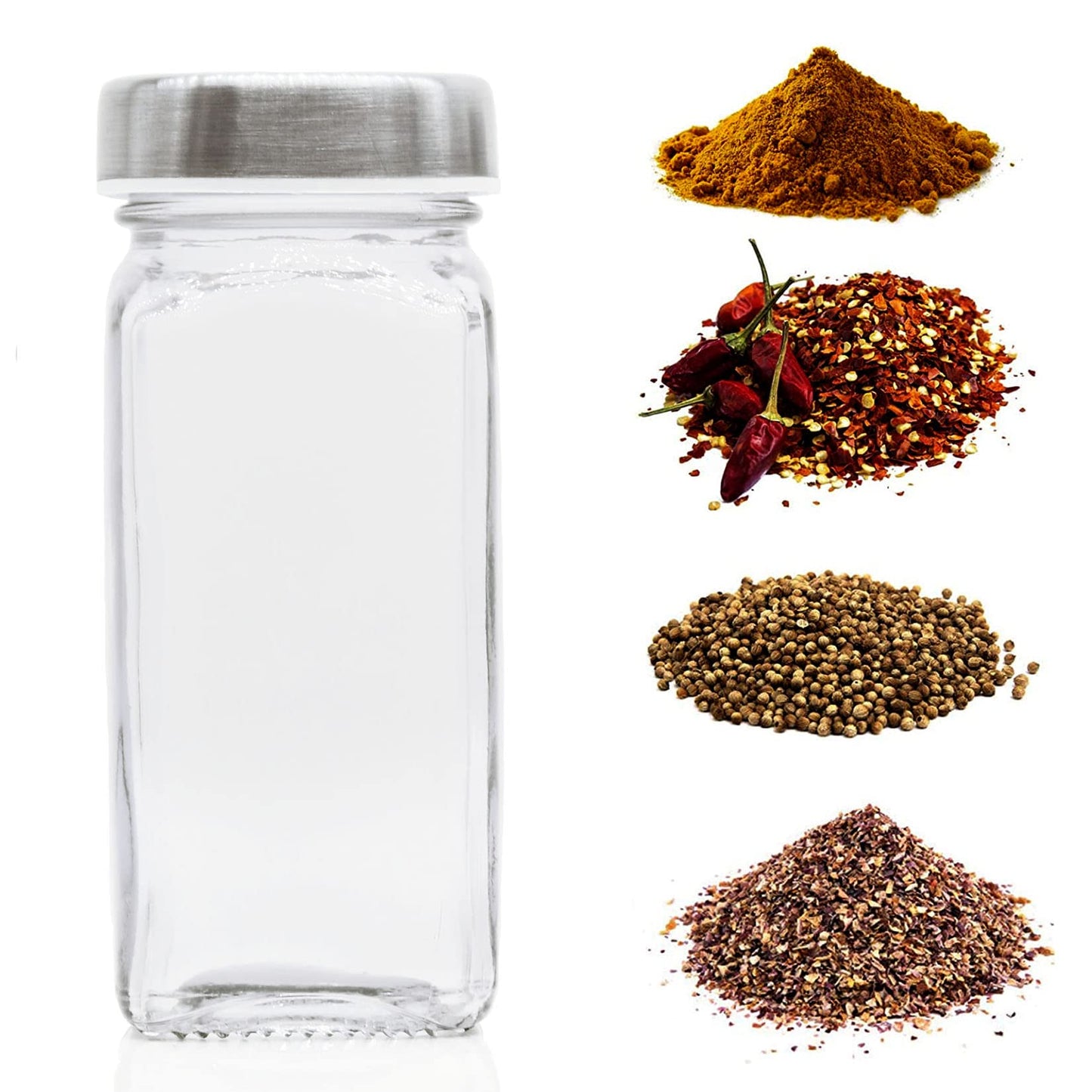Tianifa 6pcs Spice Jars, 4 oz Glass Seasoning Bottles, Spices Container, Empty Spice Jars, Square Spice Bottles with Airtight Stainless Steel Caps with Shaker Lid