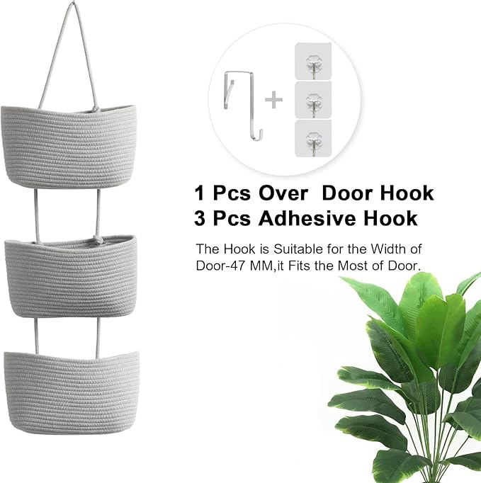 TeoKJ Over the Door Organizer, 3-Tier Woven Cotton Hanging Kitchen Baskets
