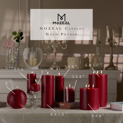 MOZEAL Hand-Poured, 6 Inch Dark Red Large Round Ball Candles - Elegant Dark Red Round Pillar Candles, Dripless, Unscented, Smokeless, Ideal for Intimate Gatherings.