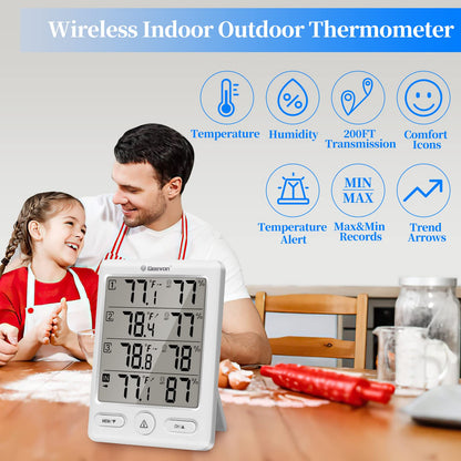 Geevon Indoor Outdoor Thermometer Wireless with 3 Remote Sensors, Digital Hygrometer Thermometer, Wireless Temperature Humidity Monitor Gauge with 200FT/60M Range (Black)