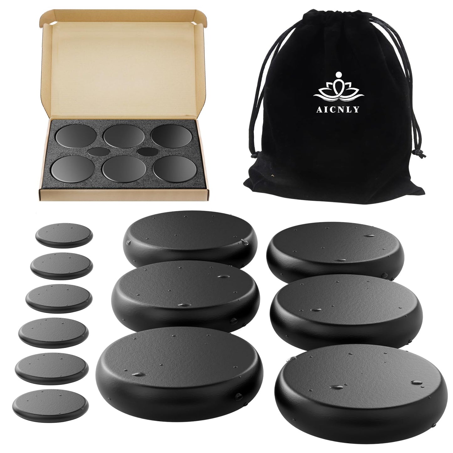 AICNLY 12 Pieces Hot Stone Massage Set-Professional Massage Tool for Spa, Cellulite Massage, Lymphatic Drainage, Relieve Tension and Muscle Pain, Basalt Rocks Premium Set