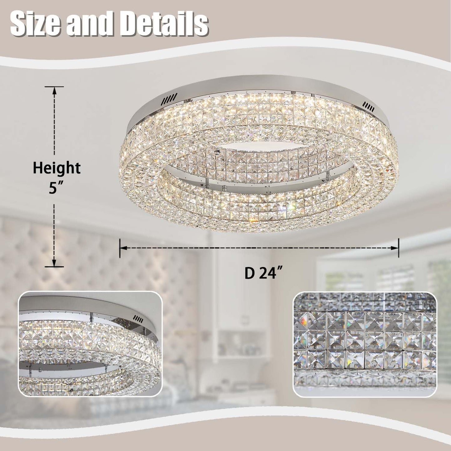 ykolupty 24" Crystal Chandeliers,Round Chandelier for Living Room Modern Ceiling Chandelier Flush Mount Ceiling Light Fixtures for Foyer Bedrooms Dining Room Hallway