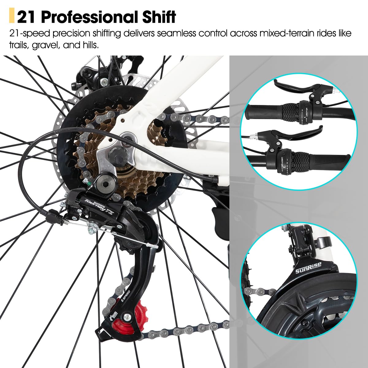 HH HILAND 27.5 Inch Mountain Bike, Mens and Womens Aluminum Frame MTB with 21 Speeds, Dis Brake, Hardtail Bicycle for Adults White