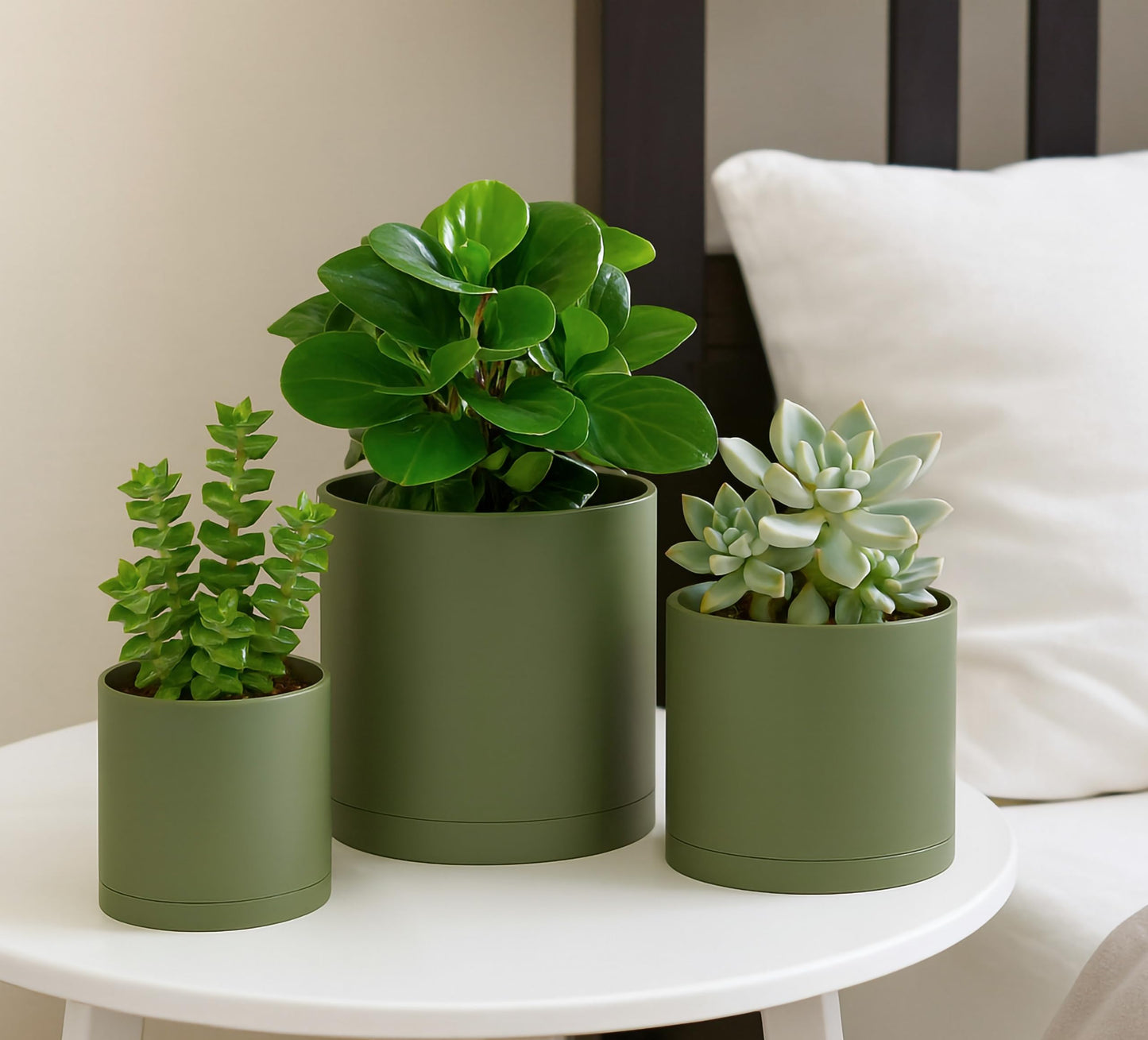 D'vine Dev 4 Inch 5 Inch 6 Inch, Set of 3 Plastic Planter Pots for Plants with Drainage Hole and Seamless Saucers, Olive, Small, 74-V-I-1