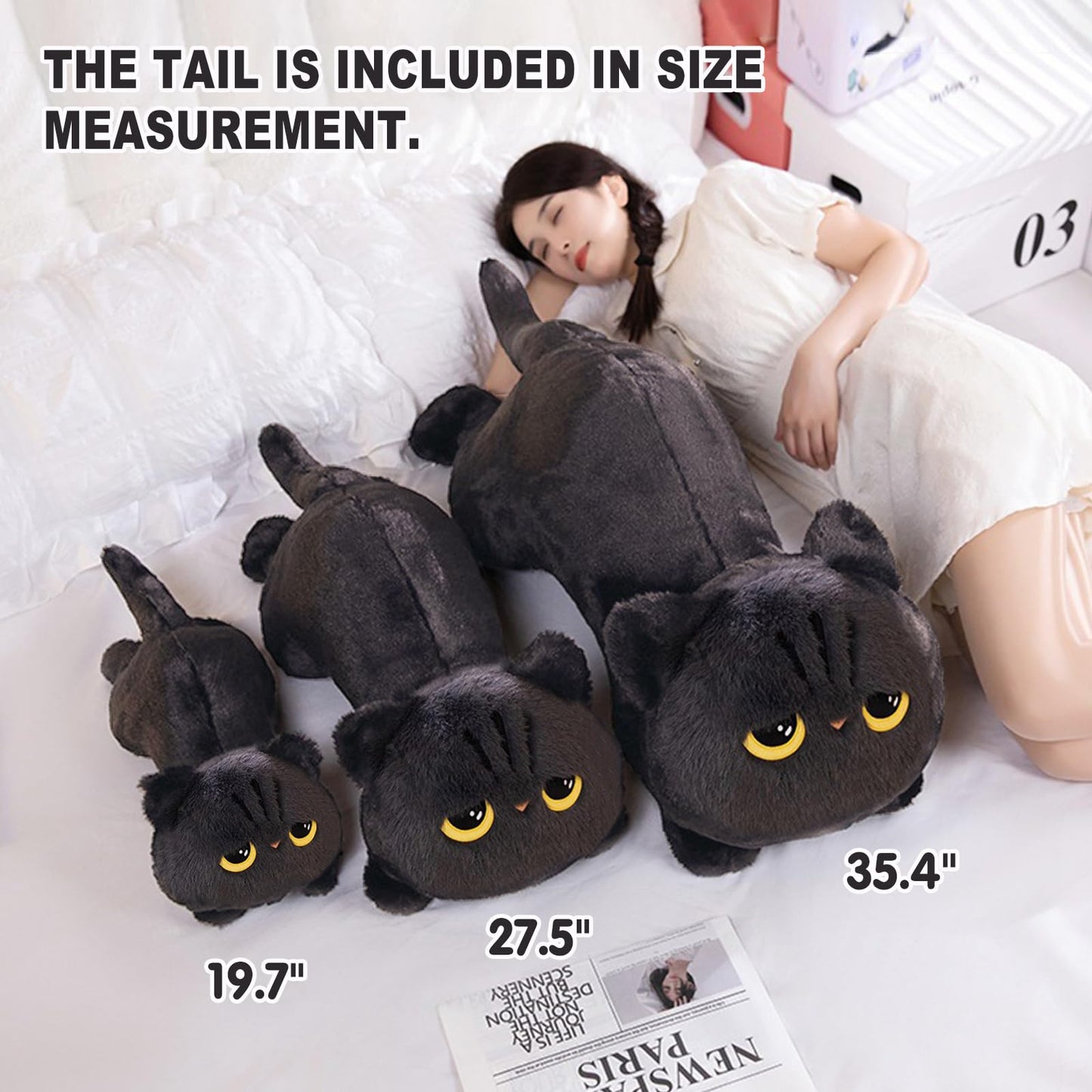 PEACH CAT 27.5" Long Cat Plush Pillow Cute Kitten Stuffed Animals Plushies Toy Gifts for Kids Grey
