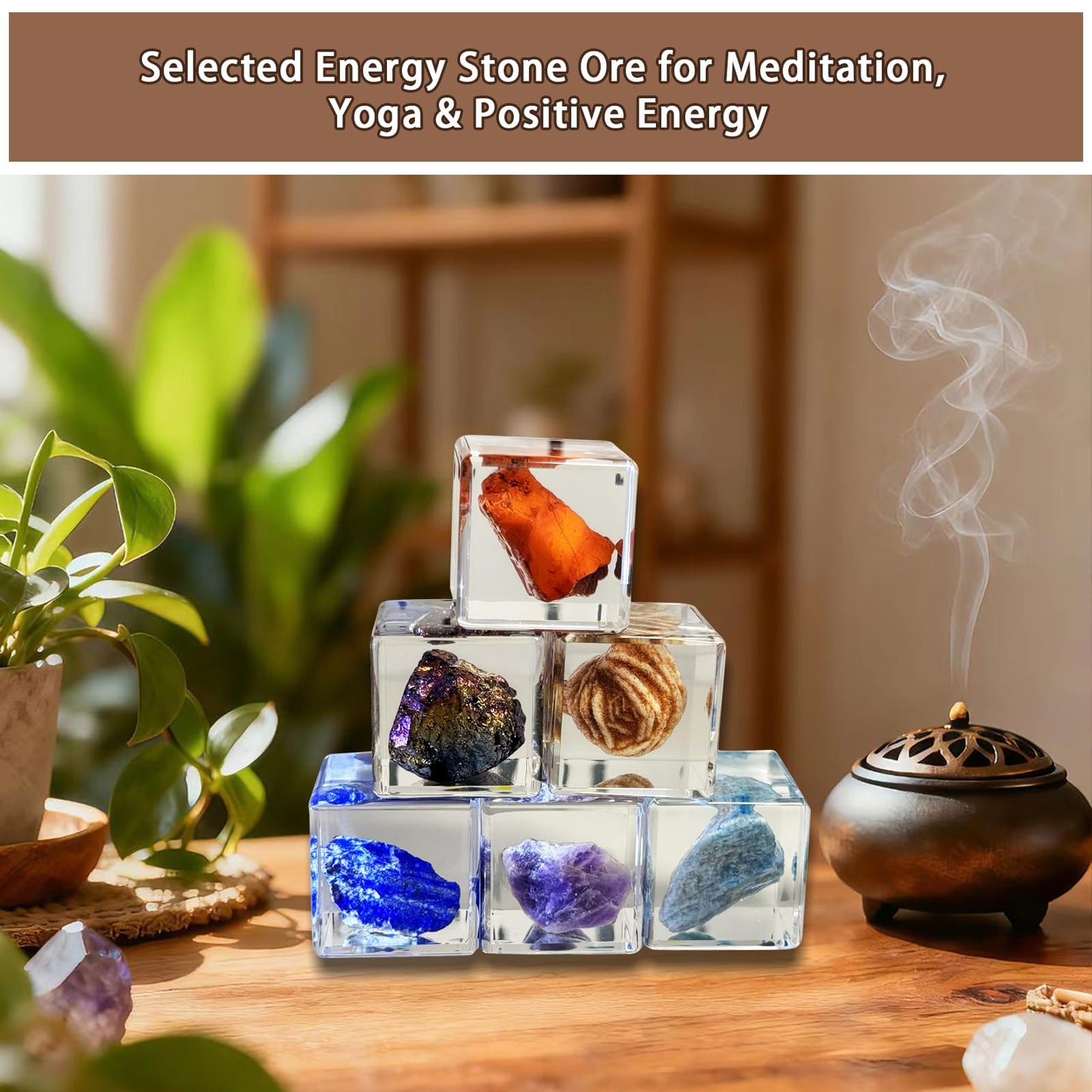 Crystal Specimen in Resin Cube - 6 Minerals Amethyst Lapis Lazuli for Geology Classroom STEM Education Healing Crystals Collection Display Gift 1.38×1.38×1.38inch
