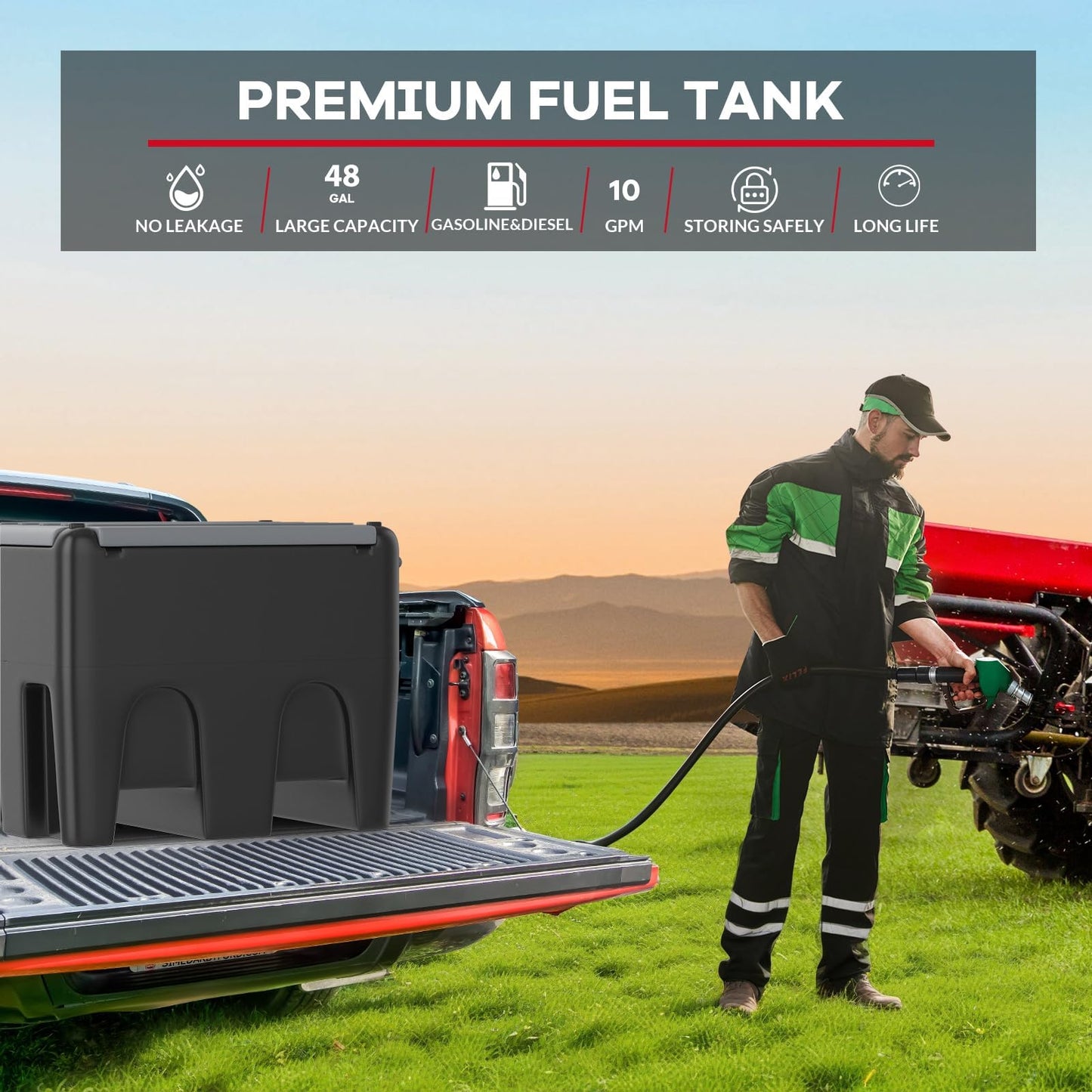 48 Gallon Portable Fuel Transfer Tank with 12V Electric Pump, 10GPM Flow, 13Ft Hose & Auto Nozzle – Diesel & Gasoline Transfer Tank for Trucks, Tractors, Boats, Generators – Black