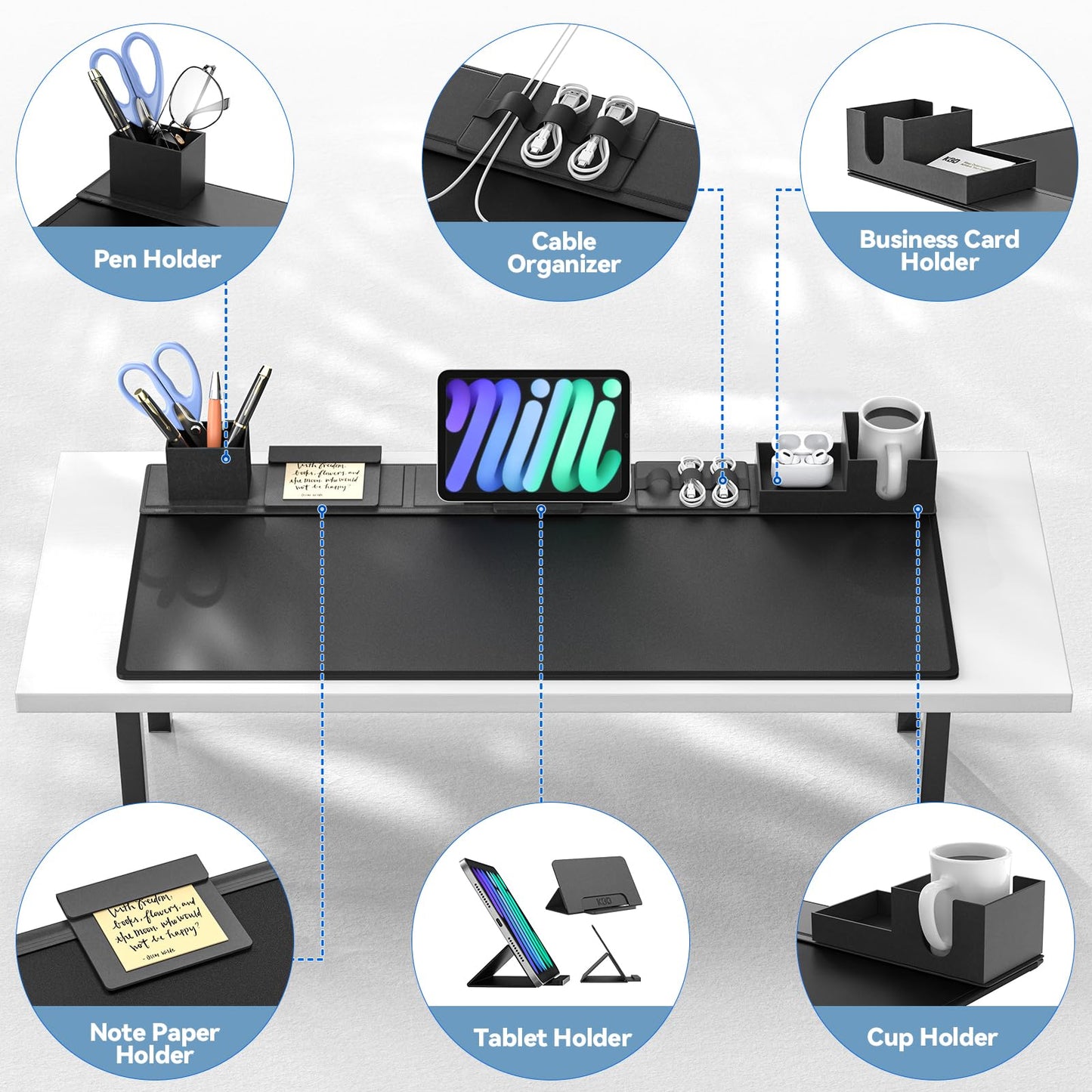 KDD Desk Pad and Organizer Set, 6 in 1 Mouse Mat with Magnetic Desktop Storage Accessories DIY Feature for Phone and Tablet Stand/Cup Holder/Card Holder/Pen Holder/Cable Management for Office and Home