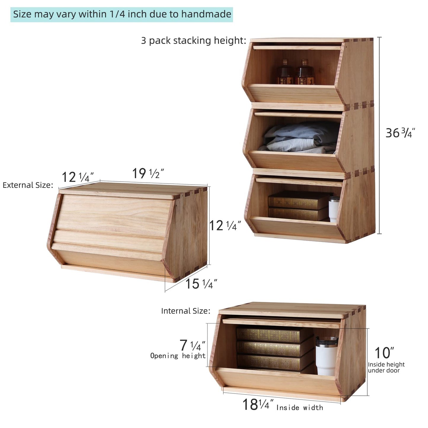unununu Stackable Solid Wood Storage Chests,Hall Entryway Cabinet,Modular Wooden Multi-use Box,Bins with Lids,Closet Storage Organizers,Drawers,Potato,Onion,Bread,Classify by Items,19.5”W(3 Pack)
