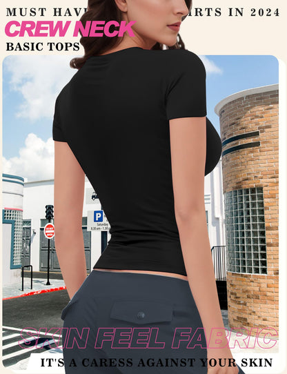 YOGINGO Womens Crop Casual Basic Tops Summer Autumn White Black Short Sleeve Crew Neck T Shirts Slim Fit Tees Plain Going Out Y2k Cute Tops Sexy Tight Fitted Compression Baby Tee Shirts Trendy