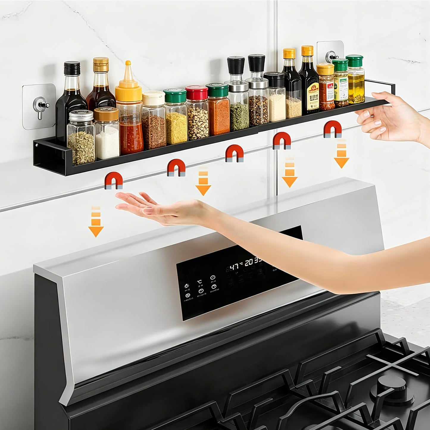 VANGAYH Magnetic Shelf for Stove Top, Adjustable 15"-30" Stove Top Shelf Kitchen Magnetic Spice Rack Organizer Storage, Stainless Steel, Metallic Black
