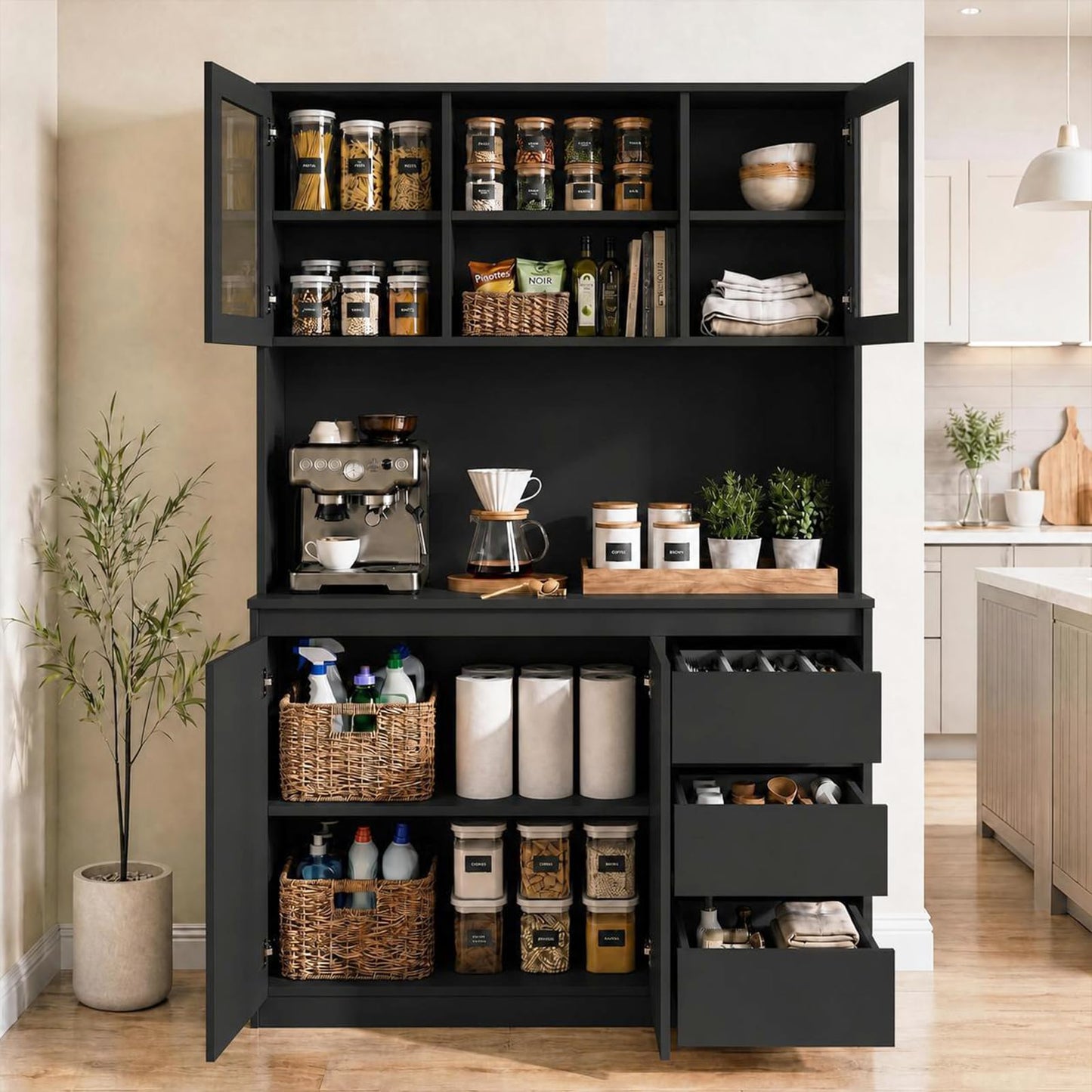 71" Kitchen Pantry Cabinet,Tall Storage Cabinet with Doors & Shelves Adjustable, Kitchen Storage Hutch with Microwave Shelf,Coffee Bar,Led Lights&Charging Station,Corner Pantry Cabinet for Living Room