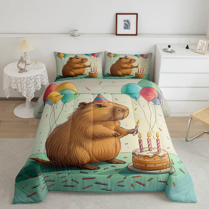 Erosebridal Cute Beaver Toddler Size Bedding Set for Kids, Wild Animal Comforter Set for Bedroom, Wildlife Down Comforter, Happy Birthday Cake Candle Balloon Duvet Insert